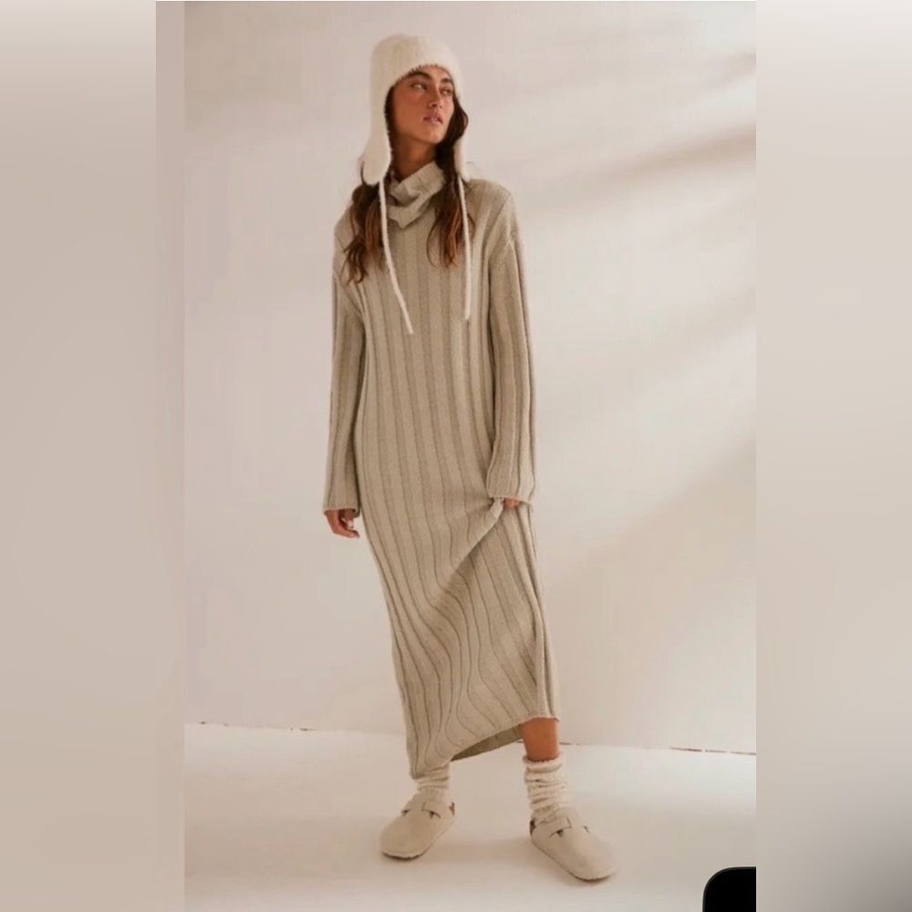 Free People FP Beach Ribbed Turtleneck Sweater Midi Dress Size L Cream